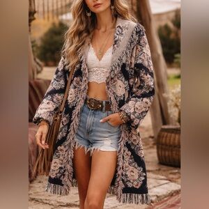Vintage Inspired Boho Floral Fringe Woven Tapestry Blanket Jacket Kimono